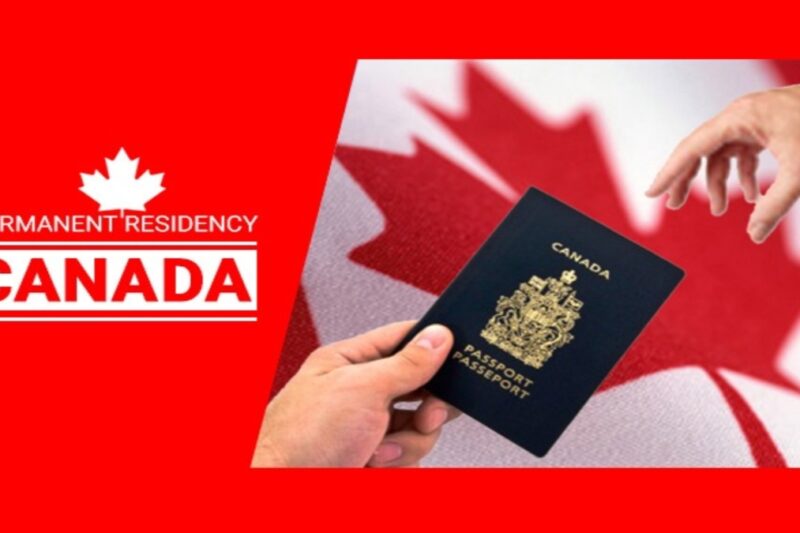 Canada PR concept with passport and Canadian flag background – 2025 immigration update
