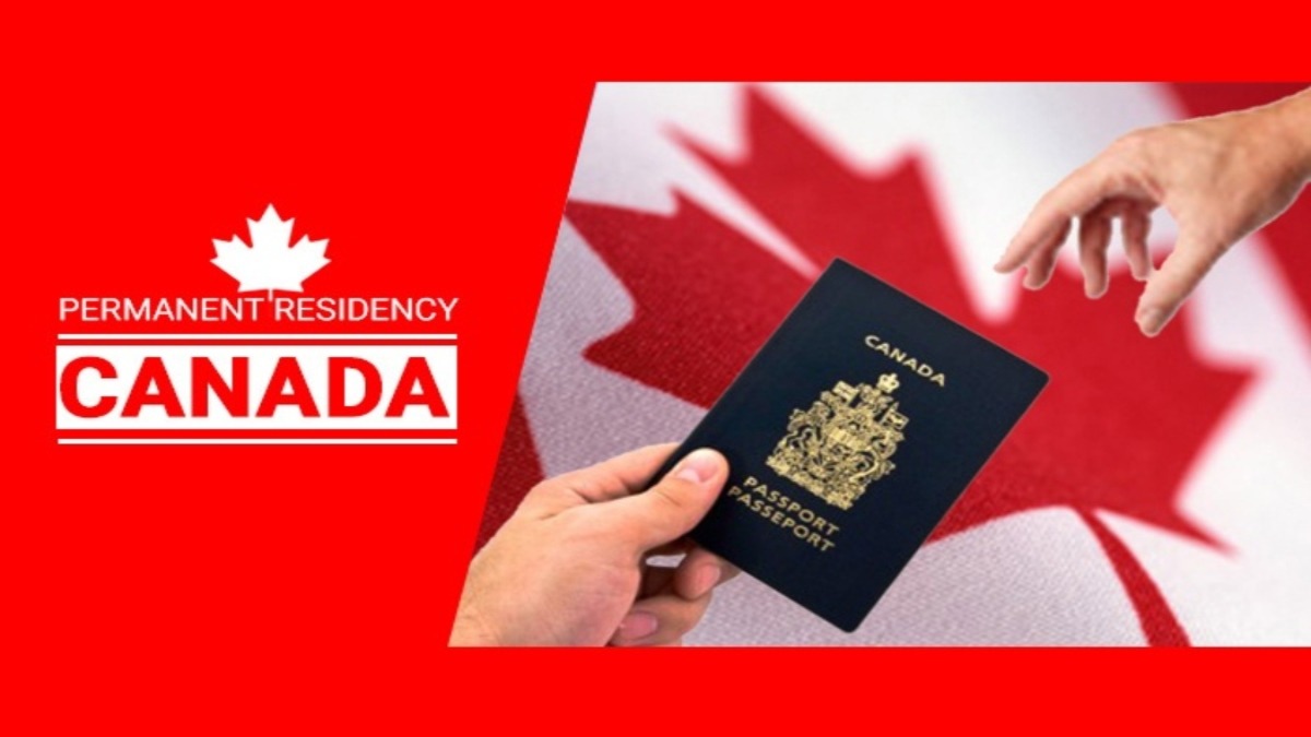 Canada PR concept with passport and Canadian flag background – 2025 immigration update