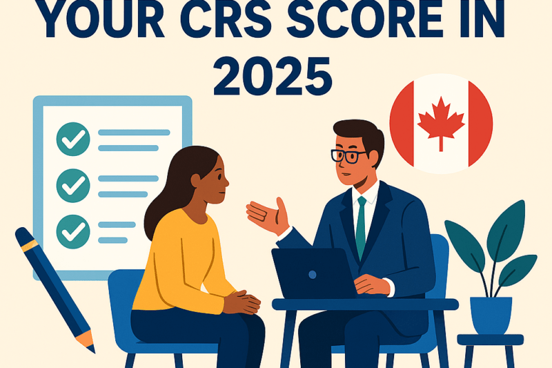 Illustration showing a priment Immigration consultant advising a client on strategies to improve their CRS score 2025, with a checklist and Canadian flag in the background.